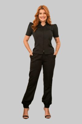 Scrub Feminino Gola Padre Preto Frente - By Jaleco